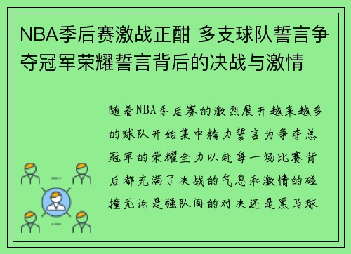 NBA季后赛激战正酣 多支球队誓言争夺冠军荣耀誓言背后的决战与激情 NBA季后赛激战正酣 多支球队誓言争夺冠军荣耀誓言背后的决战与激情