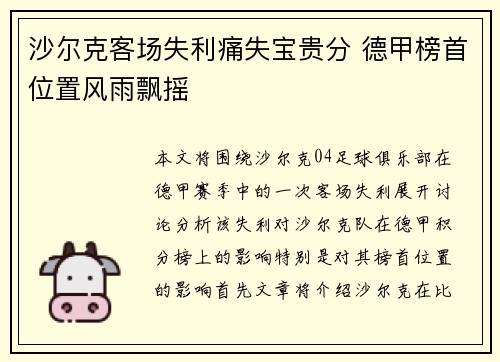 沙尔克客场失利痛失宝贵分 德甲榜首位置风雨飘摇 沙尔克客场失利痛失宝贵分 德甲榜首位置风雨飘摇